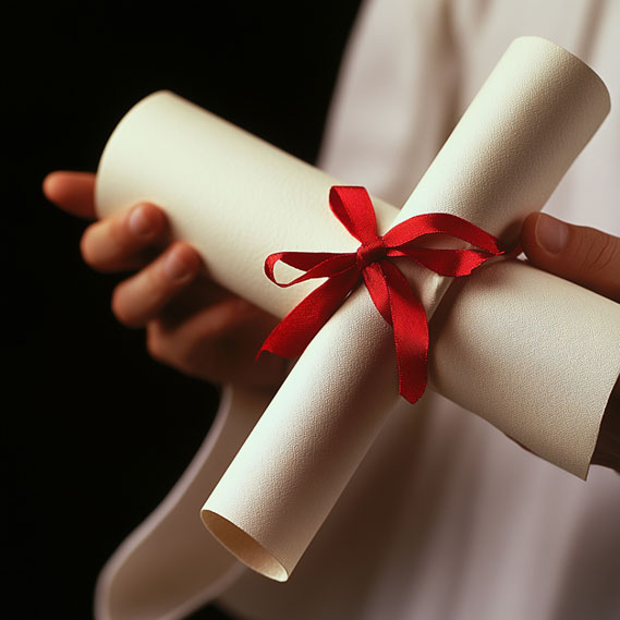 Un Primer Plano De Un Diploma Enrollado Y Atado Con Una Cinta Sostenida Por Un Graduado